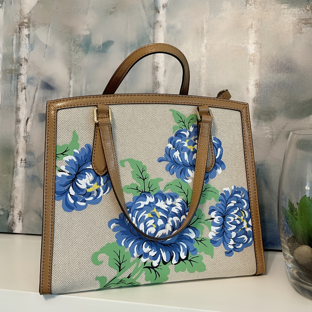 Tory Burch Emerson Ditsy Floral Structured Natural Canvas Leather Trim Satchel - Picture 3 of 7